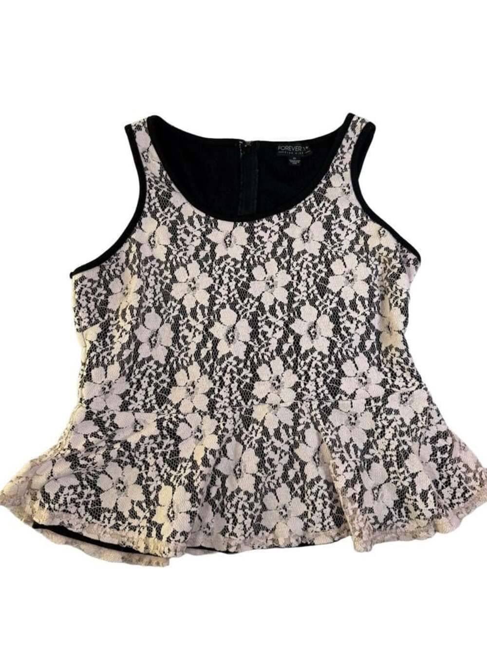 Forever 21 Plus Size Black and Pink Floral Lace Peplum Tank Top Size 2X